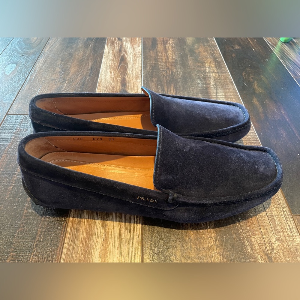 Prada Men's Navy Blue Suede Leather Loafers - size 11